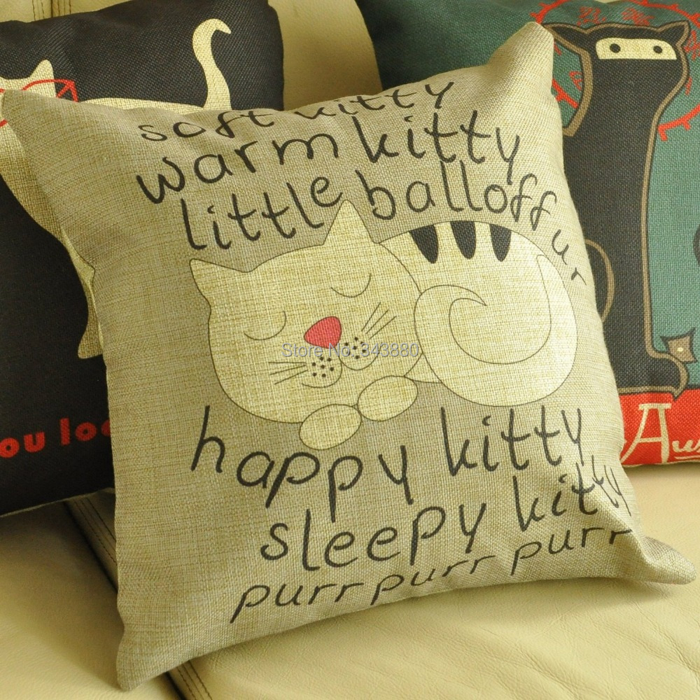 Cotton Linen Cartoon Sleepy Cat kitty Throw Pillow Covers Decorative Throw Pillows For Couch 18 ...