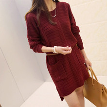 Women Long Knitted Sweater 2016 Autumn Winter Fashion Casual O-Neck Loose Pocket Split Hem Pullover Knitting Jumper Pull Femme
