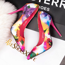 Women summer spring satin new thin high heels hot sale printing flowers classic high quality pointed