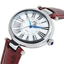 Ibso mujeres del cuarzo de caracteres romanos Oval Dial movimiento importado analógico reloj de pulsera a prueba de agua banda de cuero 0650