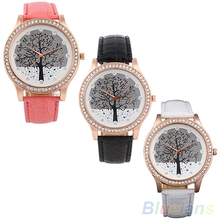 Women Tree Dial Rhinestone Inlaid Golden Tone Case Faux Leather Band Wrist Watch 4DCI