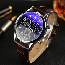 Hot Marketing Luxury Fashion Faux Leather Mens Blue Ray Glass Quartz Analog Watches Jul22