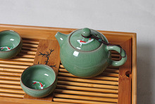 Fish Longquan Kiln Celedon Ware Teapot 2 Teacups Kungfu Tea Set 260ml