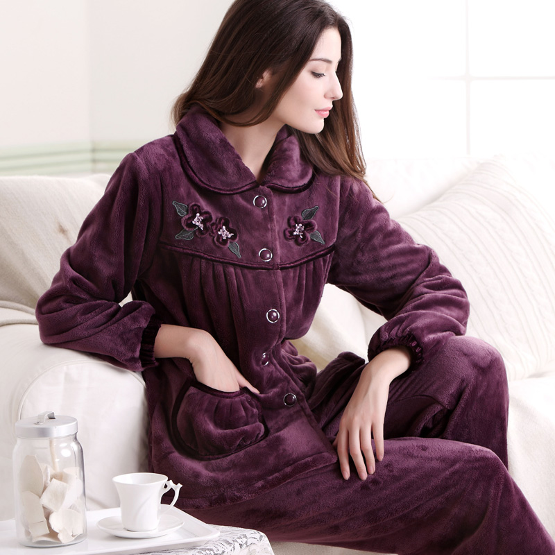 Autumn and winter thickening coral fleece sleepwear women's long-sleeve casual winter flannel lounge Women Pajama Sets