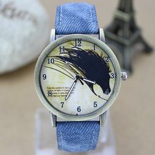 Mujeres hombres relojes 2015 reloj del cuarzo del cinturón de los pantalones vaqueros analógico cabeza de caballo Dial reloj de pulsera deportivo para mujeres hombres Relogio