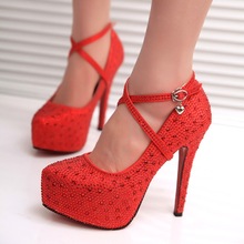 2015 Fashion Crystal Rhinestone High Heels Silver Stiletto Women Platform Bride Red Wedding Shoes