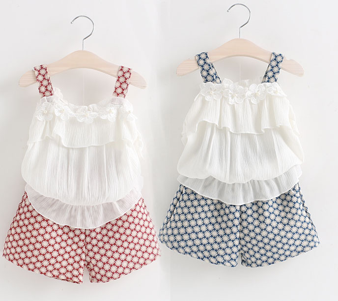 Wholesale(5SETs/lot)- 2015 SUMMER WHITE FLOWER Chiffon shirt  and skirt set for child girl