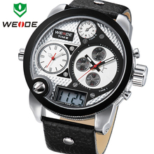 WEIDE Brand Big Dial Waterproof Men Quartz Leather Wrist Watch LCD Dual Time Display Multi function