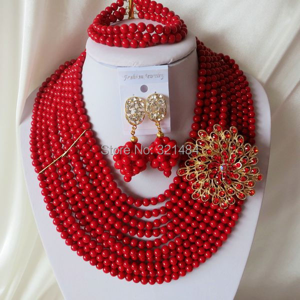 Fashion Nigerian Wedding African Beads Red Coral Beads Jewelry Set Necklace Bracelet Earrings CJS-314