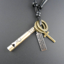 2016 Vintage novel cowhide rope leather necklace fashion long whistle sweater chain male women retro pendants accessories