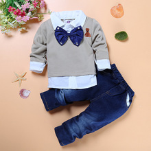 Fashion baby boys denim set Gentleman Children clothes Sets Cotton Long Sleeve T-shirt Denim Suit Boy Toddler Cubs Tie Lapel