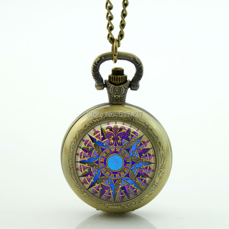 WT-00290 Pocket Watch Necklace Art Photo Pendant Watch Purple Blue Compass Locket Necklace