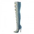 Blue Denim Long Boots For Women Stilettos High Heels Womens Pointed Toe Side Zipper Fashion Bootie