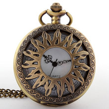 Antique The Sun Pattern Style Brown Steampunk Necklace Quartz Pocket Watch Bronze Chain Men Gift P04