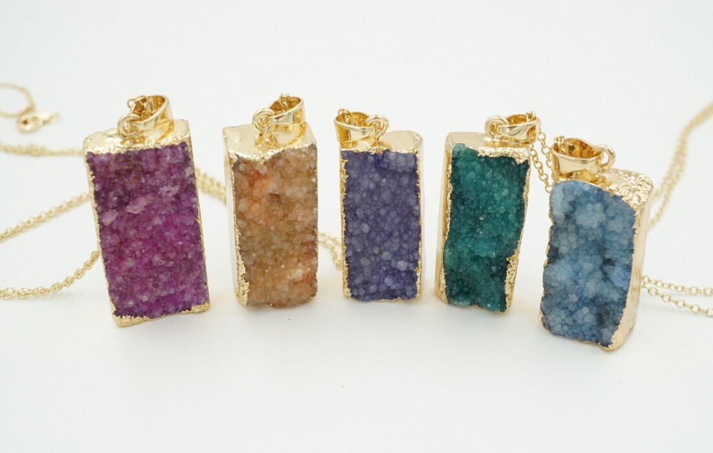 2015 New 18k Gold Unique Geometric Square Natural Stone Pendant Necklace for Women Amethyst Quartz Jewlery