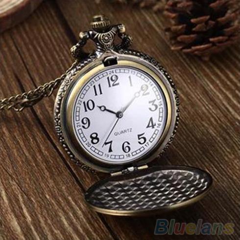Retro Vintage Unique Bronze Quartz Pendant Chain Necklace Clock Pocket Watch 1L2O 2XH2