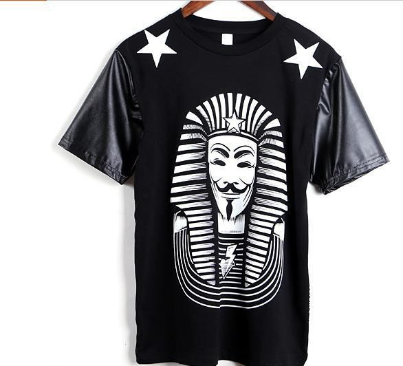 2014 Famous Brand Men's Hip Hop t-shirt Leather Sleeve Tee Shirts V For Vendetta Printed Men Streetwear Man Rock Clothing 2014 Famous Brand Men's Hip Hop t-shirt Leather Sleeve Tee Shirts V For Vendetta Printed Men Streetwear Man Rock Clothing