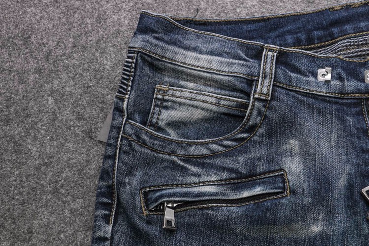 Men Jeans Hot Sale Slim Low 2015 New Punk Locomotive BalMan Jeans Embroidered Patch Tattered Knee-level Folding Laundry Mens