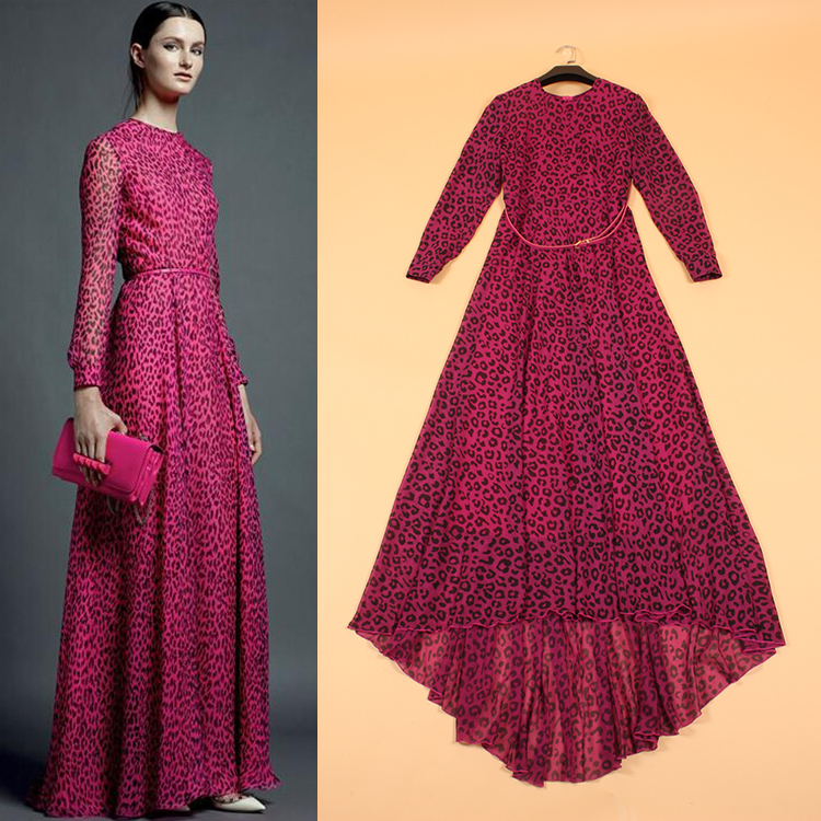 2015 Spring European Fashion Ladies Novelty Slim Elegant Irregular Full Sleeve With Sashes Purple Leopard Print Long Dress