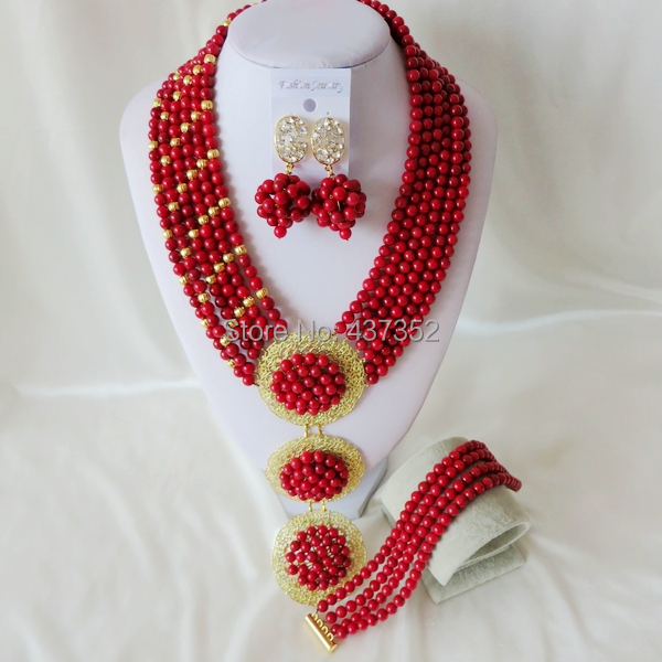 Handmade Nigerian African Wedding Beads Jewelry Set , Red Coral Beads Necklace Bracelet Earrings Set CWS-387