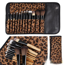 2015 New 12 PCS Pro Makeup Brush Set Cosmetic Tool Leopard Bag Beauty Brushes Cai0686