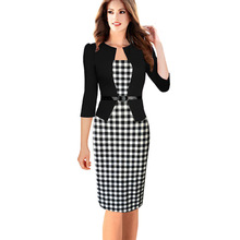 Womens Faux Twinset Patchwork Dress Belted Tartan Floral Houndstooth Plaid Print Work Business Sheath Bodycon Pencil Dress