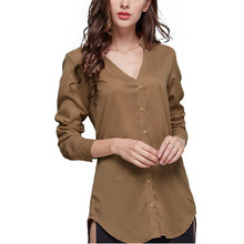 Summer Women Chiffon Blouses Shirt Sexy Irregular Hem Back Split Long Sleeve Blusas Tops V-Neck Button Shirt Dress Vestidos