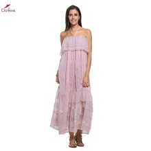 Clothink Women Pink/Black Strapless Ruffle Overlay Embroidered Floral Maxi Beach Dress 2016 Fashion Party Prom Halter Dress