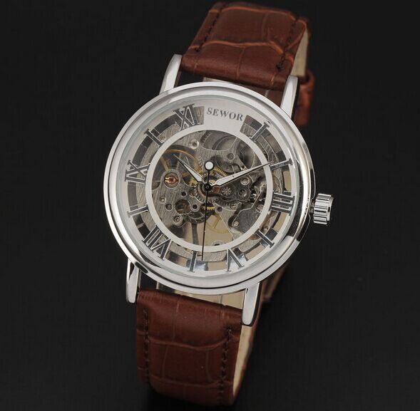 Fashion watch men skeleton hollow mechanical hand wind luxury male business leather strap wrist watch relogio