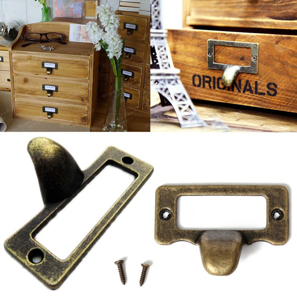 6pcs Antique Brass Drawer Label Pull Frame Handle File Name