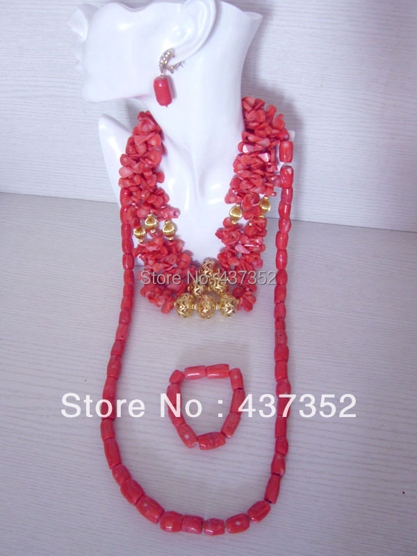 New Design Fashion Nigerian Wedding African Pink Coral Beads Jewelry Set Necklace Bracelet Clip Earrings CWS-172