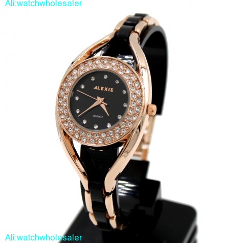 FW819H Rose Gold Tone Band Black Dial Ladies ALEXIS Brand Crystal Bracelet Watch