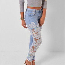 S-XXXL Jeans Carve Flower Skinny Women Slim Lace Pencil Zipper Pant Female Feet Pants Crochet Stretch Denim Hollow Clothing K096