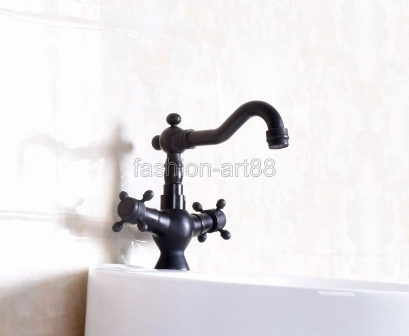 Фотография Oil Rubbed Bronze Black Color Single Hole Swivel Spout Kitchen Sink Bathroom Basin Faucet Two Cross Handles Mixer Tap anf141