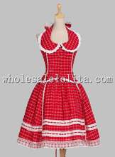 Romantic Chic Halterneck Tartan Patterned Cotton Flax Dress Reenactment Stage Costume