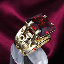 GALAXY Luxury Fine Jewelry Lovers Engagement Ring With 18K Real Gold Plated Big Red Ruby Stone