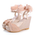 2016 New Peep Toe Ribbon Design Summer Lace Shoes Woman Wedges Platform Sandals Women Pumps