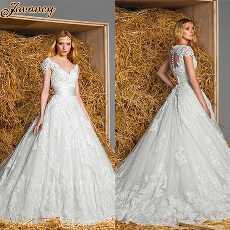Zuhair Murad Modest Ivory Lace V Neck Short Sleeve Court Train Wedding Bridal Dresses