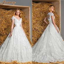Zuhair Murad Modest Ivory Lace V Neck Short Sleeve Court Train Wedding Bridal Dresses