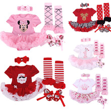2015 Baby Christmas Dress 4pcs set Infant Baby Girls Birthday Romper Costumes Santa Clause Jumpersuit stockings