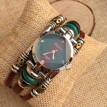 15 New Unisex Vintage Genuine Leather Bracelet Wrist Watch Green and red stripes with Multilayer Watches Quartz wristwatches