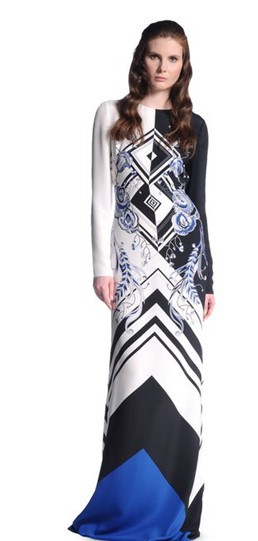 Free shipping 2014 Charming Printed Stretch Jersey  Long sleeve Max Dress 1128EP442C