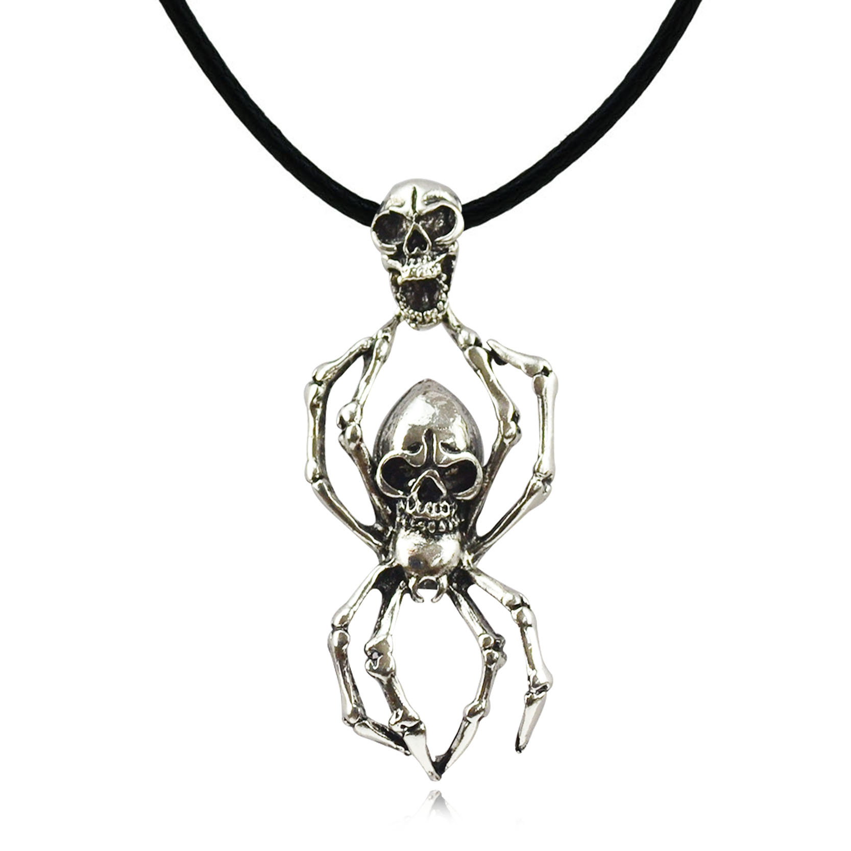 Punk Style Titanium Stainless Steel Spider Body Skeleton Head Pendant Necklace Wax Rope Chain Fashion Jewelry