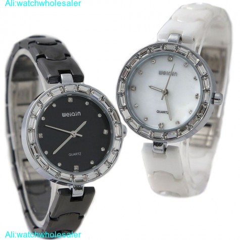 FW906A PNP Shiny Silver Watchcase Black Dial Ladies Ceramic Band Bracelet Watch