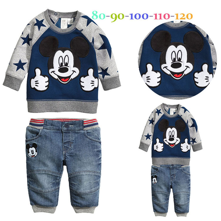 Spring and Autumn boys sets kids clothes cotton Mickey blue long sleeve sweatshirt + jeans warm baby boy clothing set 5set/lot