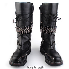 Mens Black Leather Motorcycle Boots Heavy Metal Rivet Combat Boots Punk Rock Martin Boots
