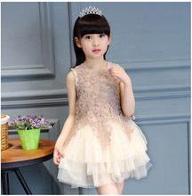 1PC High Quality Girls Champagne Sheer Dress Summer Dress with Embroidery and Crystal Lace Dress Lovely Party Dress GI2124