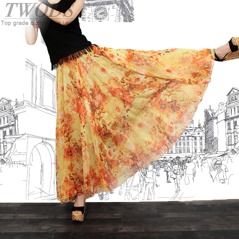 Twods 2015 new holiday summer beach chiffon maxi skirts womens Orange floral print free size elastic waist females long skirt 8V