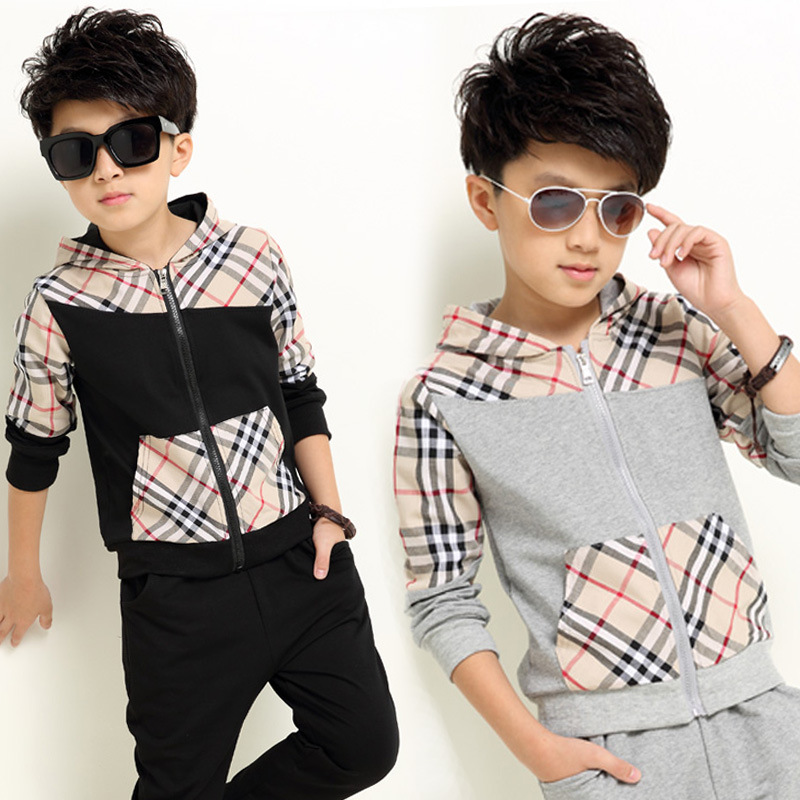 2016 New Autumn Kids Boys Clothes 2 Piece Sets Patchwork font b Plaid b font Cotton
