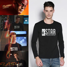 American Anime The Flash Star Lab Print Men Long Sleeved T-shirt Casual Boy Street Combed Cotton Black Tshirt S – 2XL Superhero